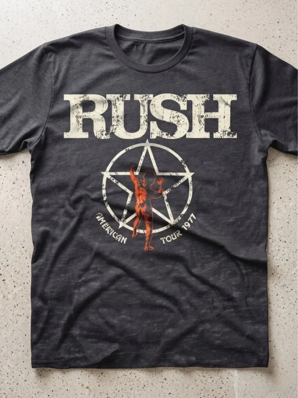 Rush American Tour 1977 Vintage Style Graphic Charcoal T-Shirt
